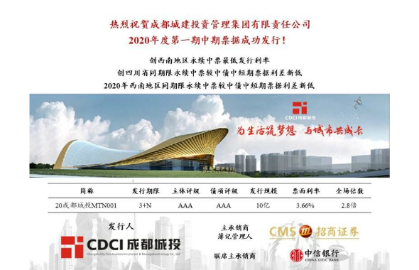 熱烈慶祝成都城建投資管理集團(tuán)有限公司成功發(fā)行2020年度第一期中期票據(jù)